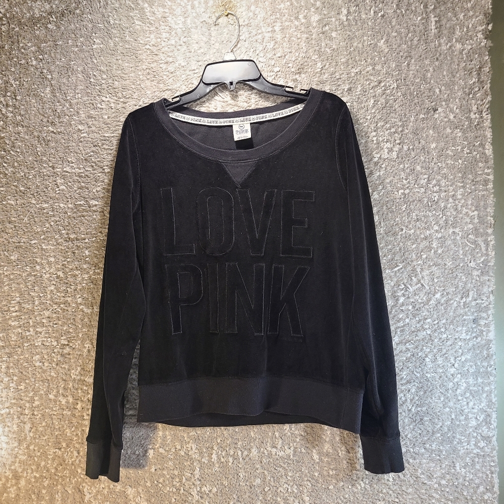 Victoria Secret Large Love Pink Black Velvet Pullover Sweatshirt Cotton Blend